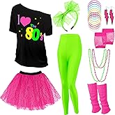 Vabean 19 Pcs 80s Costume Set T Shirt Leggings Tutu Skirt Headband Necklace Bracelets Earrings Gloves Leg Warmers for Women
