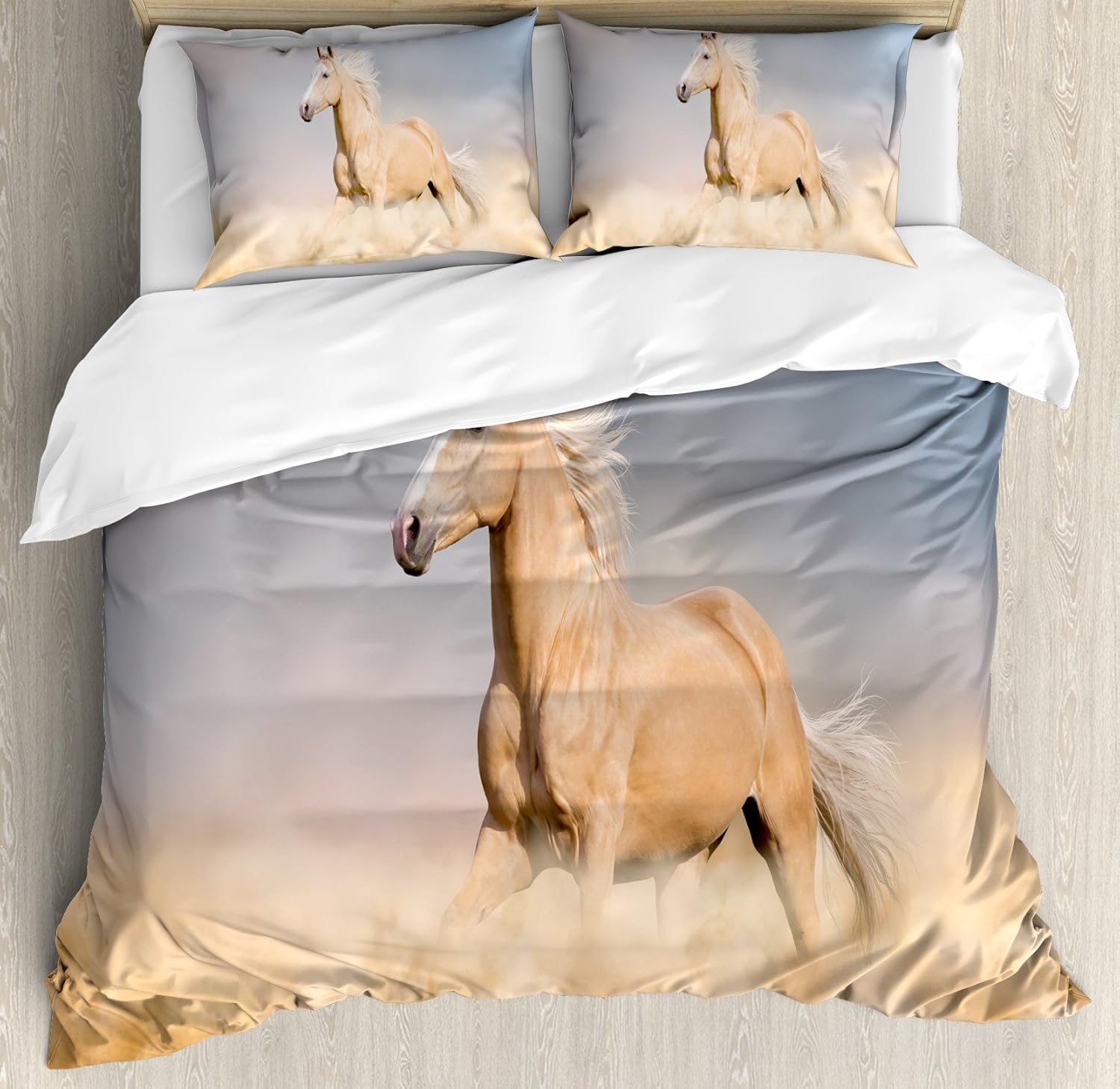 Ambesonne Horses Duvet Cover Set, Palomino Horse in Sand Desert with Long Blond Male Hair Power Wild Animal, Decorative 3 Piece Bedding Set with 2 Pillow Shams, Queen Size, Purple Grey