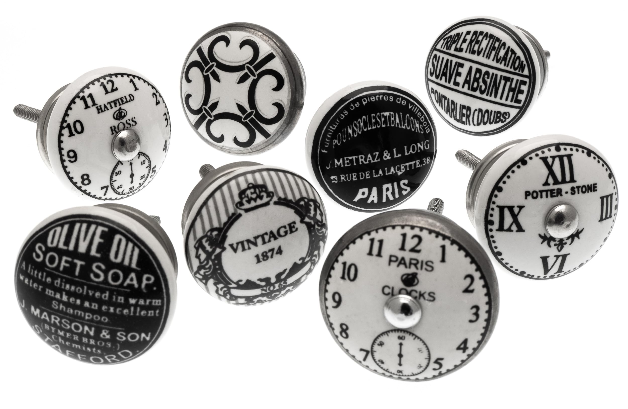 Cupboard Knobs - Decorative Clocks and 1940s Black and White Prints Ceramic Door and Drawer Handles – Vintage Home Décor Set of 8 by Mango Tree