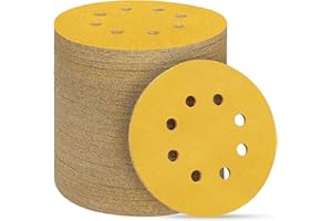 POTUINOM 100PCS 5 Inch 8 Hole Sanding Discs 220 Grit,Gold Round Hook and Loop Sandpaper for Random Orbital Sander