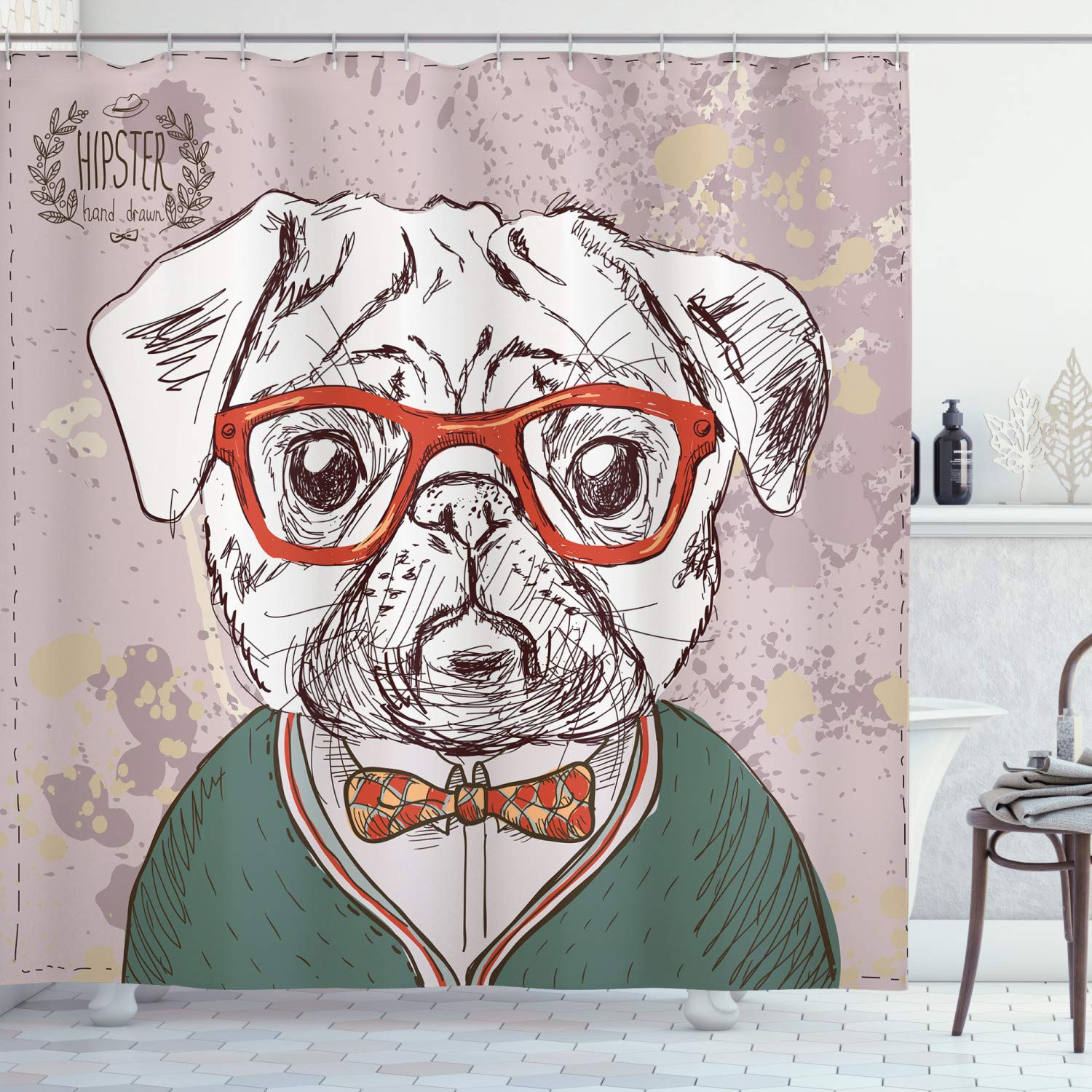 ABAKUHAUS Dog Shower Curtain, Vintage Illustration of Old Hipster Pug Pet Glasses Bow Master of Professor Funny, Cloth Fabric Bathroom Decor Set with Hooks, 78 Inches, Multicolor