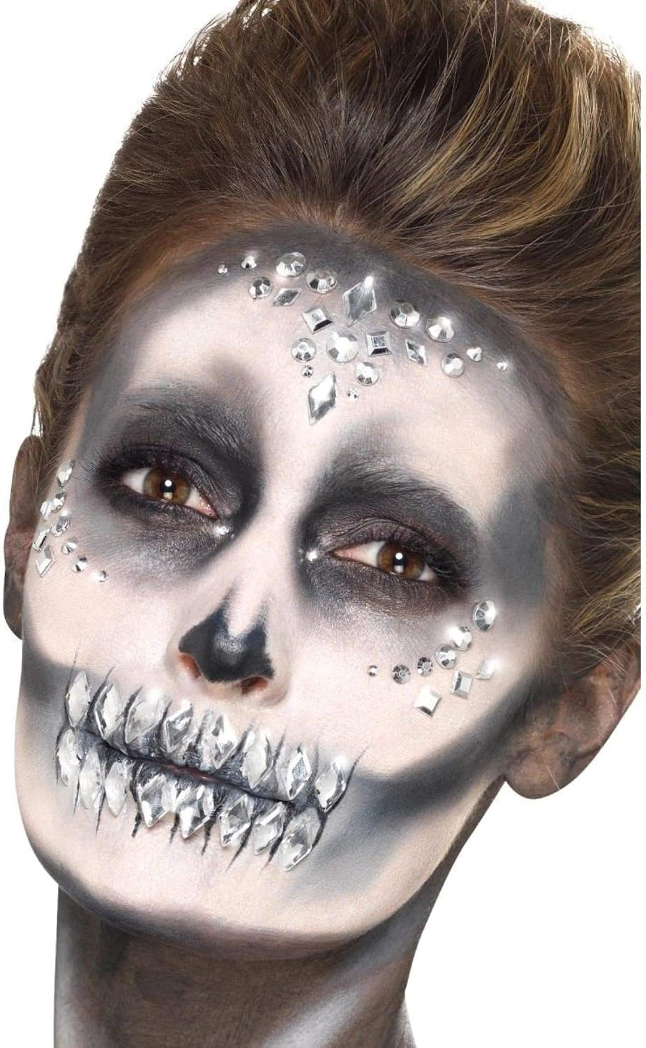 Smiffys Make-Up FX, Jewel Face Gems, Silver Sheet of 100 Assorted, Self Adhesive, Cosmetics and Disguises Fancy Dress