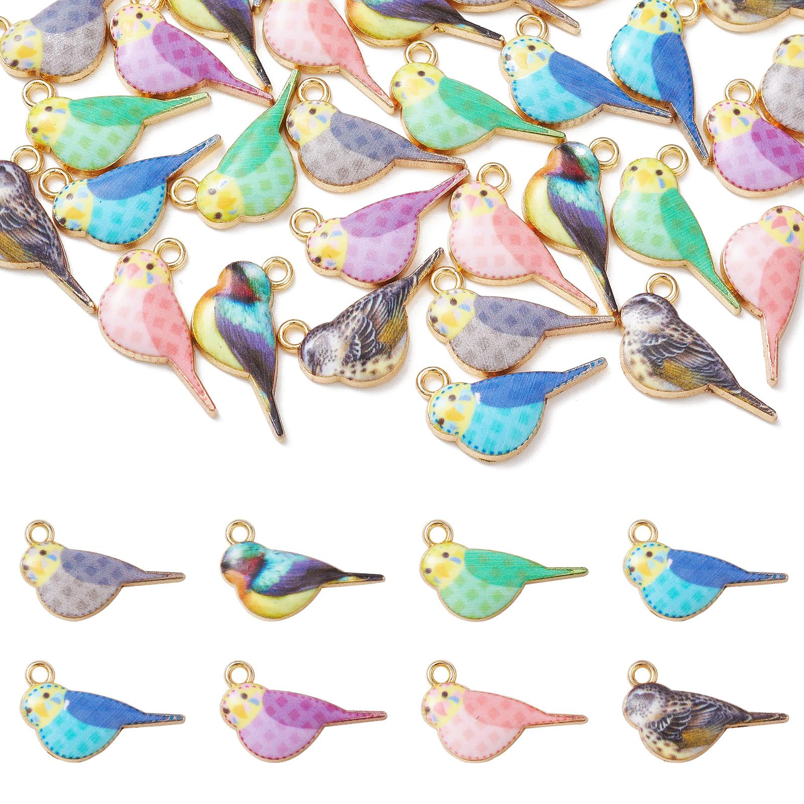 Stiesy 35pcs 7 Colours Bird Charms Pendants Enamel Flying Animal Charms Colourful Printed Sparrow Charms Bulk for Jewellery Making Crafting DIY Bracelet