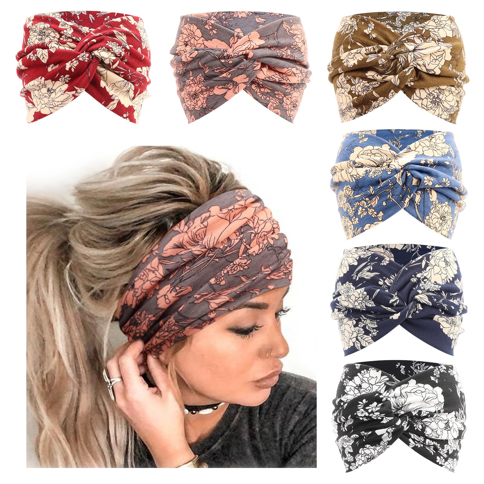 DRESHOW 6 Pack Wide Headbands for Women Extra Large Turban Headband Boho Head Wrap Elastic Hairbands Hair Twisted Knot Hair Accessories