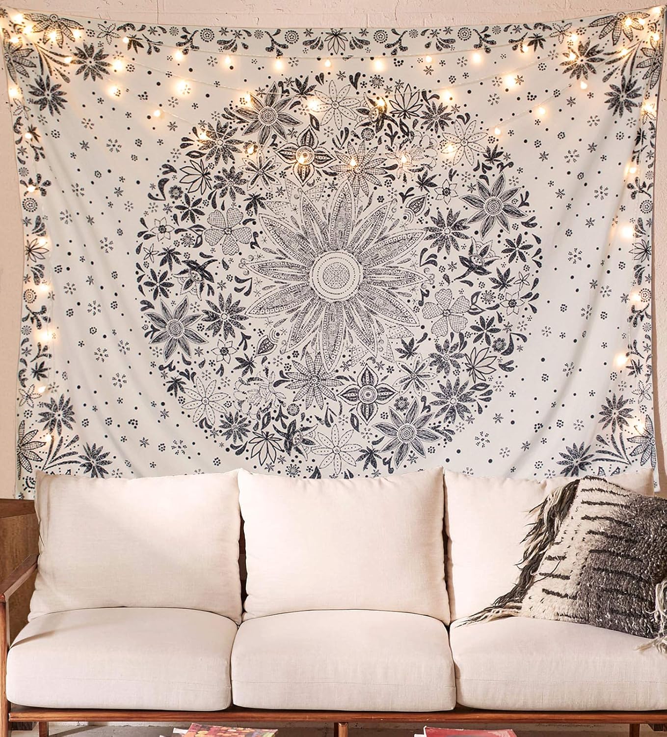Tapestries - Neasow Bohemian Tapestry Wall Hanging, Beige White Floral Tapestry with Dotted Daisy Medallion Print Bedroom Boho Hippie Home Decor, 36×48 inches