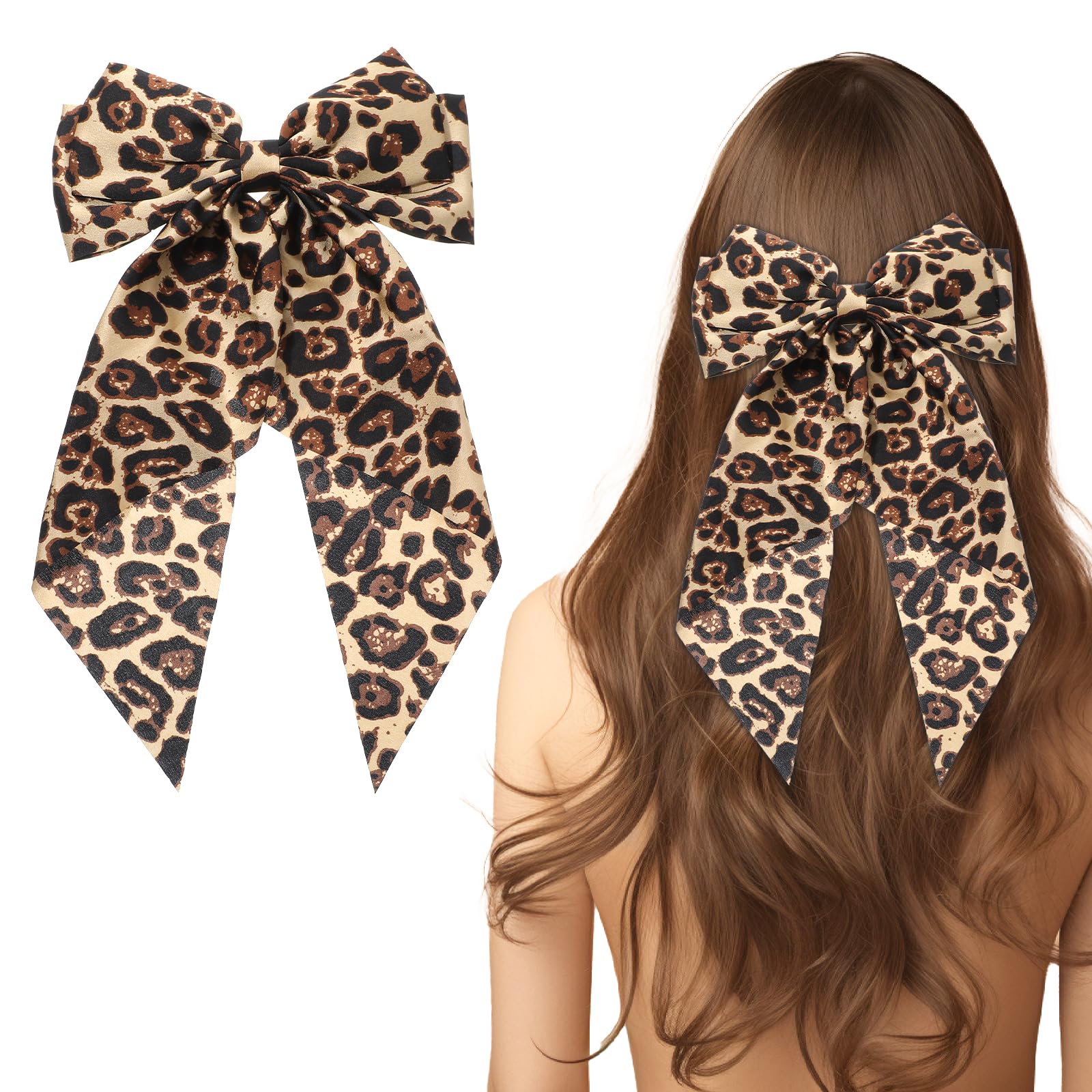 AOZUO Leopard Hair Bow Clip, Cheetah Print Hair Bow Barrette Bowknot Hair Pin with Long Tail Ponytail Holder Hair Ribbon for Women Girls Cosplay Costume Hair Accessories Decor(Yellow)