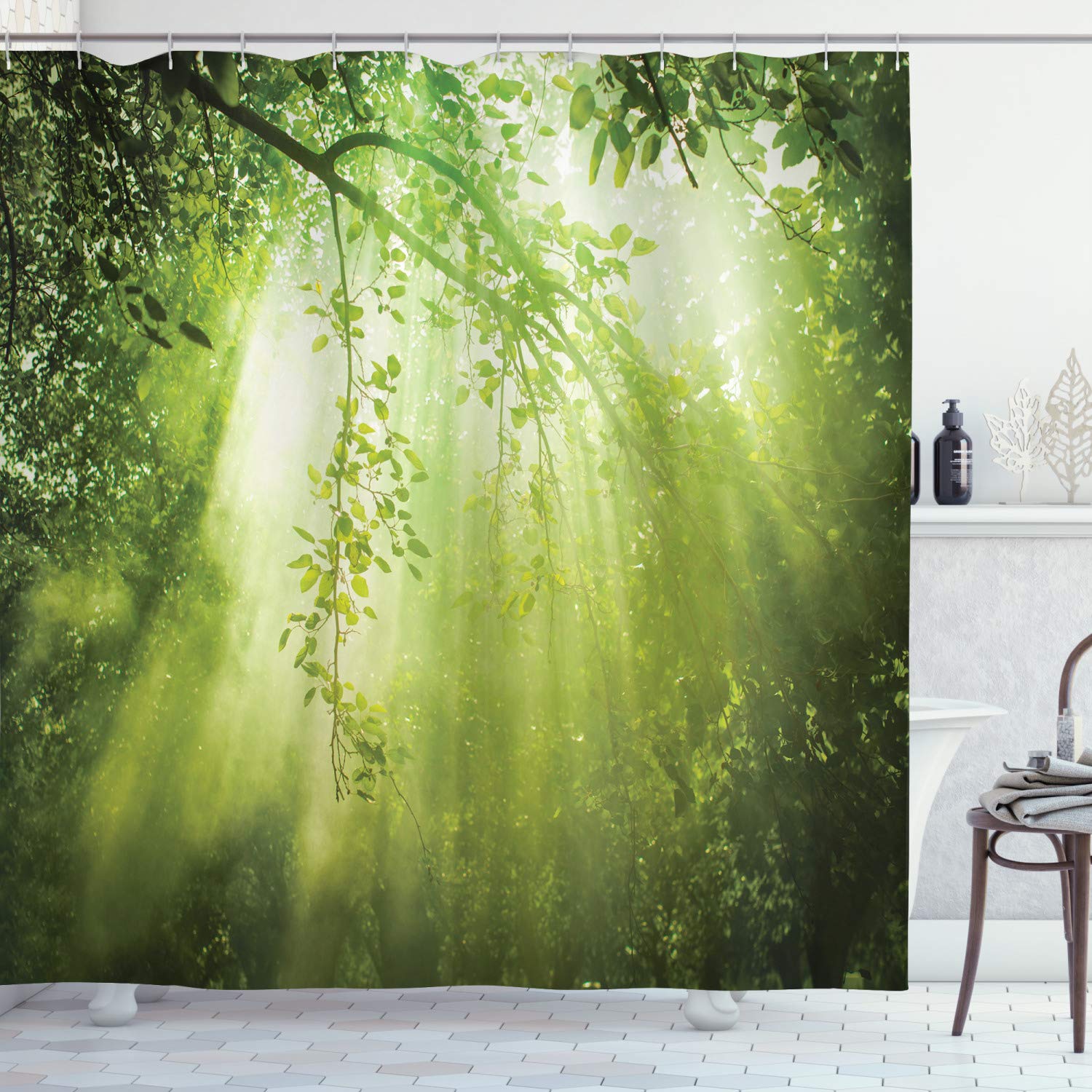 ABAKUHAUS Forest Shower Curtain, Rays of Sun Deep Dark in the Forest in Foliage with Effects Scenic Image Print, Cloth Fabric Bathroom Decor Set with Hooks, 86 Inches Extra Long, Green