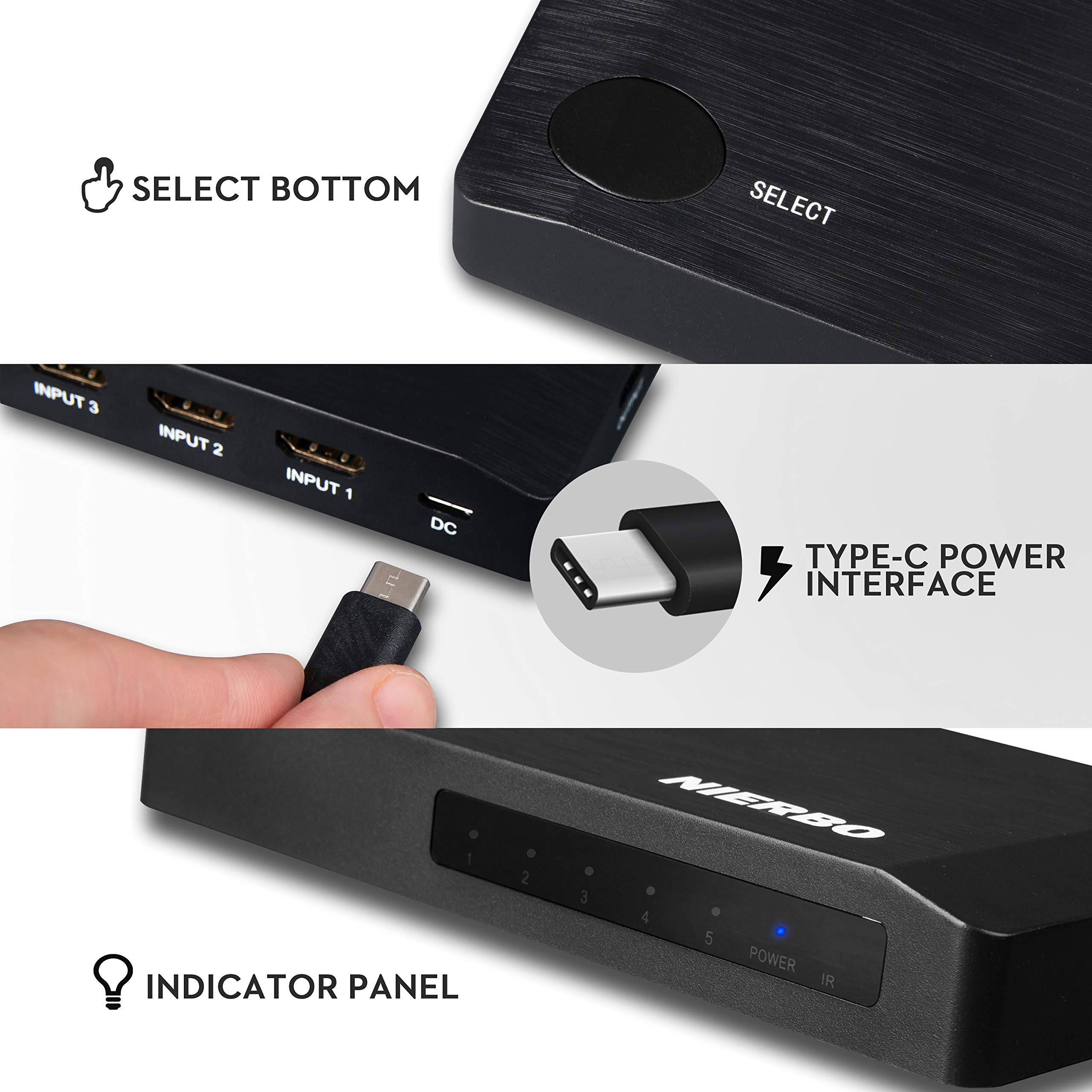 NIERBO HDMI Umschalter mit Fernbedienung 5 in 1 Out HDMI 2.0 Switch 5x1 4K@60Hz HDMI Full HD 1080P HDCP 3D Switcher Unterstützung für HDTV PS3 PS4 Blu-ray DVD Projektor Fire Stick und Andere Geräte