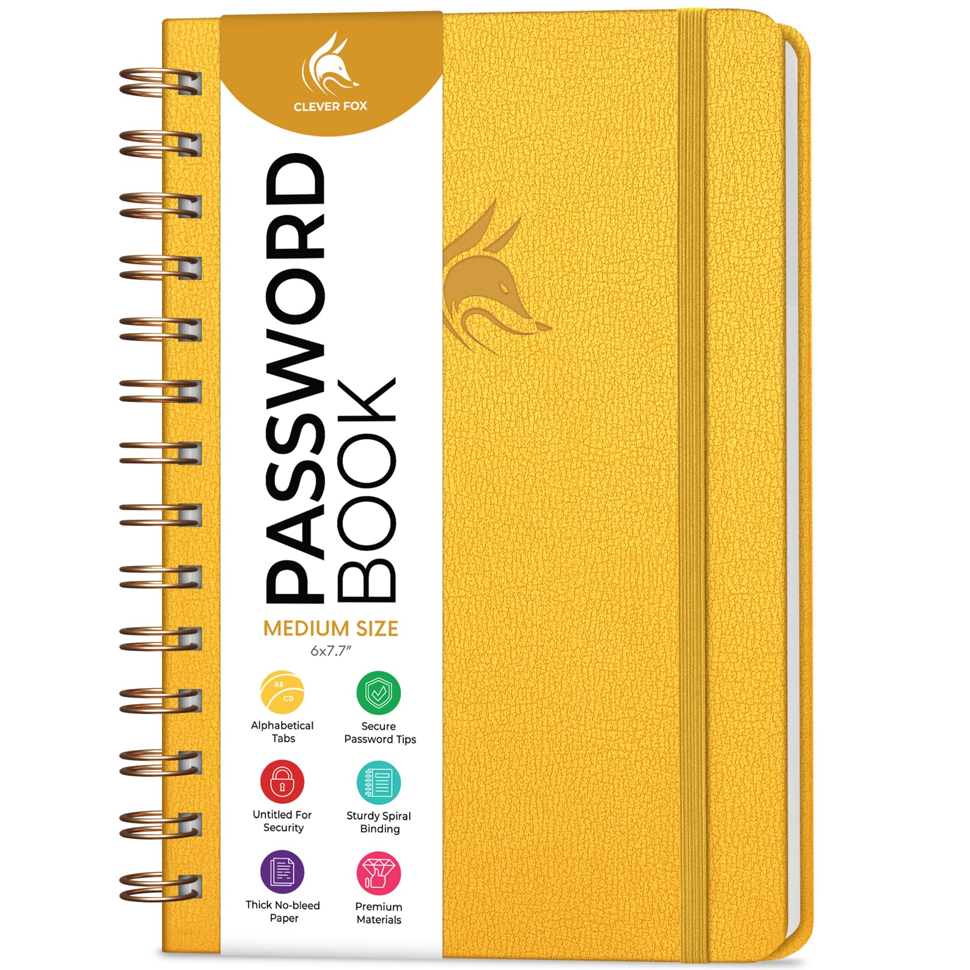 Clever Fox Password Book Spiral – Internet Address Log Book with Alphabetical Tabs, Password Keeper & Organizer - Medium 15.5x19.6cm (Amber Yellow)