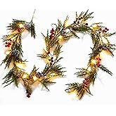 Christmas Garland 6FT 20 LED Bulbs Cypress Pine Garland with Lights Battery Operated with Timer Bells Red Berries Pinecones Green Garlands Decoration for Xmas Holiday Thanksgiving New Year Home Decor