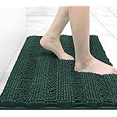 Grandaily Chenille Striped Bathroom Rugs 30x20, Extra Thick and Absorbent Bath Mats, Non-Slip Soft Plush Shaggy Shower Carpet, Machine Wash Dry, Bath Rug for Bathroom, (Medium, Blackish Green)