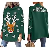 YI XIANG RAN Women's Ugly Christmas Graphic Sweater - Merry Christmas Knit Pullover Turtleneck Oversized Top