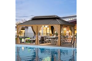 EROMMY 12' x 20' Gazebo, Wooden Finish Coated Aluminum Frame Canopy with Double Galvanized Steel Hardtop Roof, Outdoor Permanent Metal Pavilion with Curtains and Nettings for Patio, Backyard and Deck