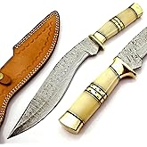 KK-0204 Handmade Kukri Knife Exotic Camel Bone and Brass Handle Damascus Steel Ladder Pattern Razor Sharp blade and Brass Spacer with Leather Sheath 17.5 inches