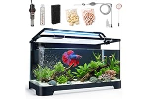 EWONLIFE 3.5 Gallon Self Cleaning Fish Tank, Aquarium Starter Kit for Betta, Shrimp & Small Fish, Betta Fish Tank with Heater, Thermometer, LED Light, Hidden Multi-stage Filtration System and Water Changer Kit