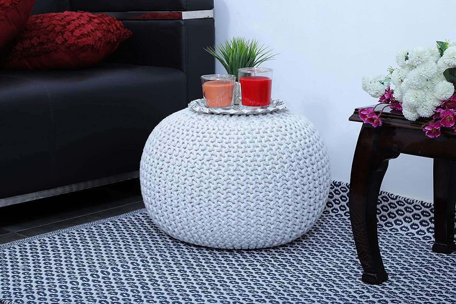 tanishkam decor standard pouf for living room & bed room (white color)
