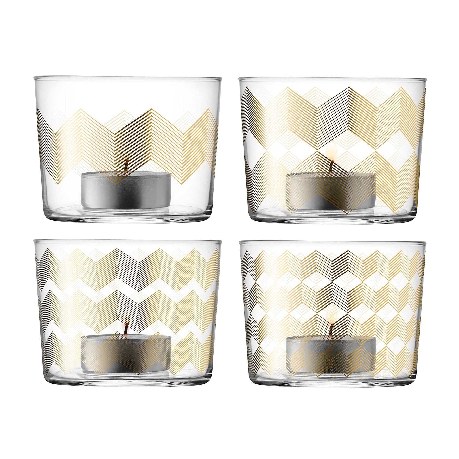 LSA International Chevron Tealight Holder H6cm Gold Assorted | Set of 4 | Mouthblown & Handmade Glass | CH15