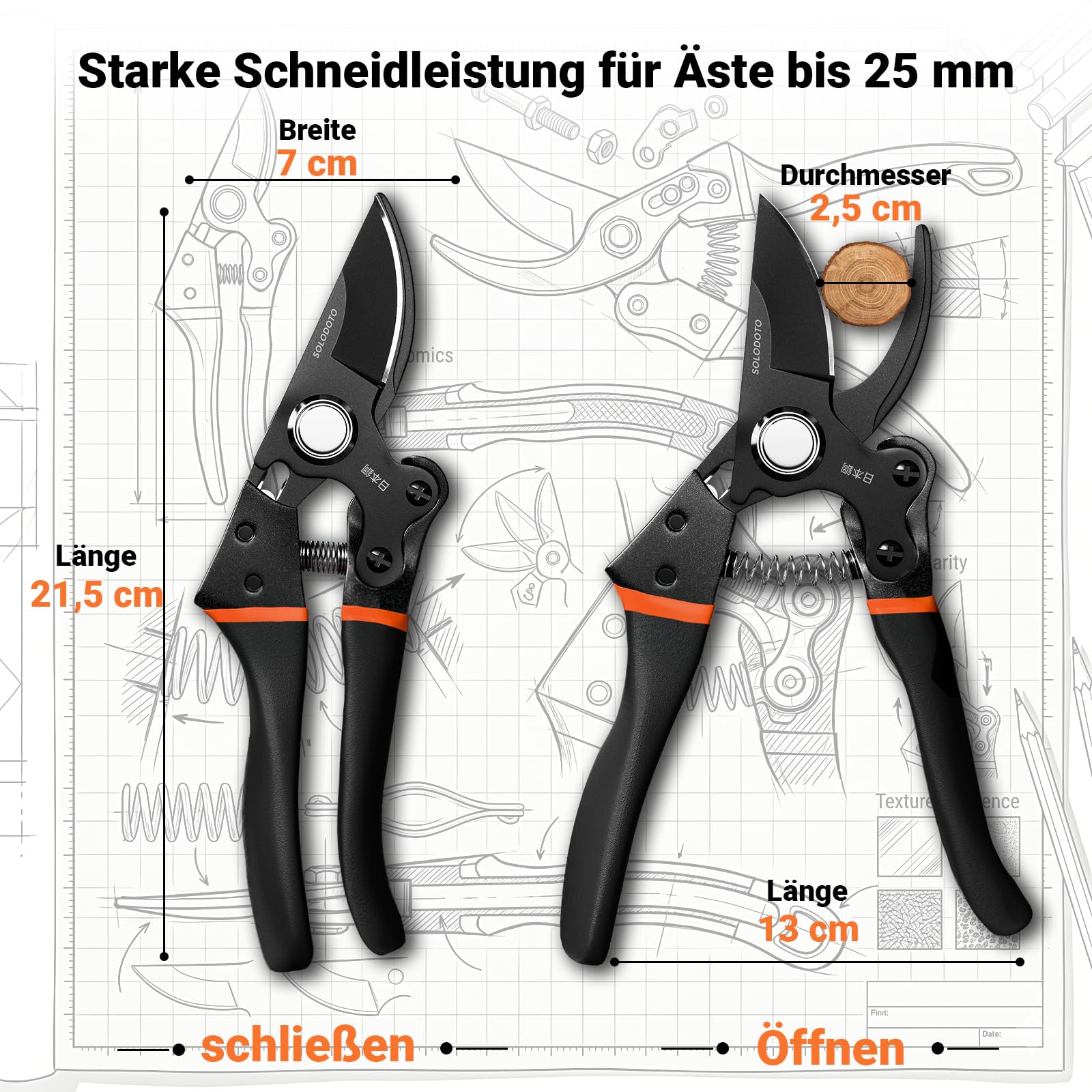 SOLODOTO Profi Gartenschere– schärfer, Japanischer SK5-Kohlenstoffstahl, Bypass-Schneide, 25 mm Schnittdurchmesser, für trockenes, frisches Holz, Profi Rosenschere, Pflanzenschere astschere 8