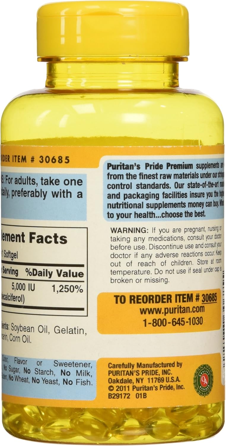 Vitamin D3 5,000 IU Bolsters Immunity by Puritan's Pride for Immune System Support and Healthy Bones and Teeth 200 Softgels, packaging may vary: Health & Personal Care