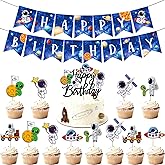 Starry Sky Banner Happy Birthday Party Topper -13PCS Astronaut Cake Decoration Set for Outer Space Theme Parties Boys Birthday Decorations Supplies