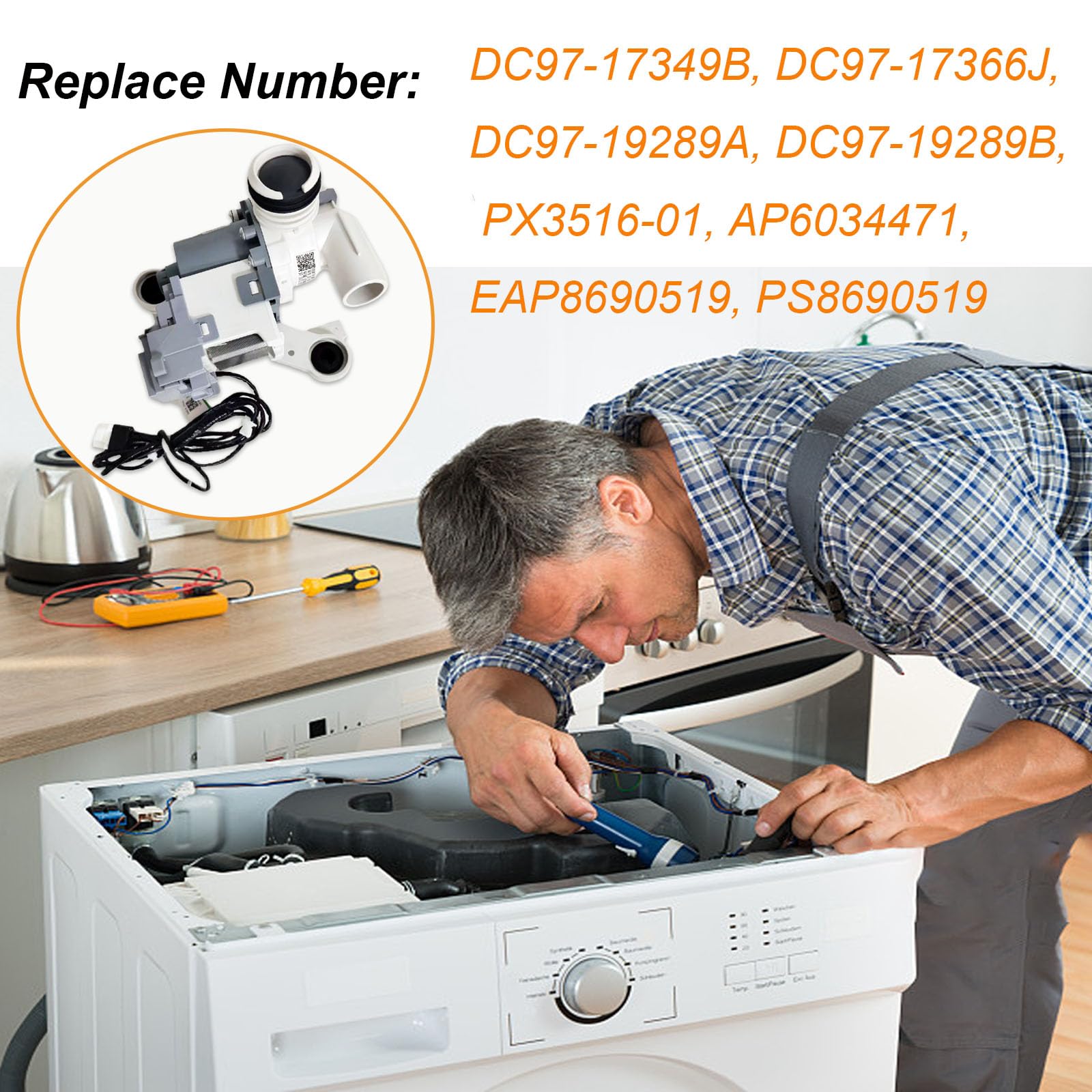 DC97-19289F PX3516-01 Washer Drain Pump Assembly Compatible with Samsung WA45N3050AW/A4, WA45H7000AP/A2, WA44A3205AW/A4, WA50M7450AW/A4, WA50F9A7DSP/A2, WA45M7050AW/A4, WA52M8650AW/A4 Drain Pump Motor