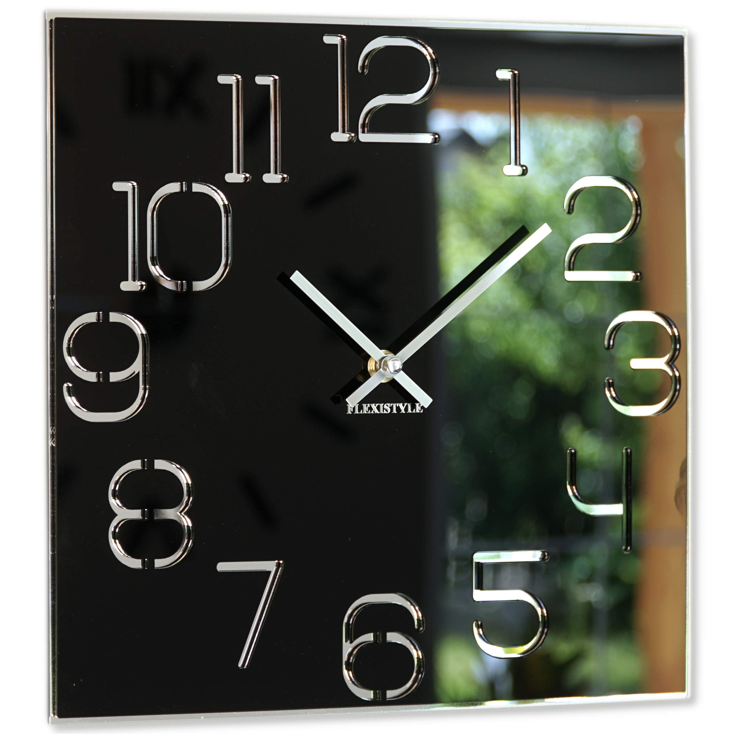 FLEXISTYLE Digit Square 30 cm Diameter, No Ticking Noise, Modern, Design Acrylic Glass and Acrylic Mirror, Living Room, Bedroom (Black), z120_1(0)-0-x 30 cm, 30 cm