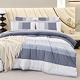 RYNGHIPY Full Size Bed Sets 8 Pieces: Light Grey Stripe Bedding Comforter Sets Soft Fluffy Microfiber Bed in A Bag All Season Bedding Set (Full,Light Grey)