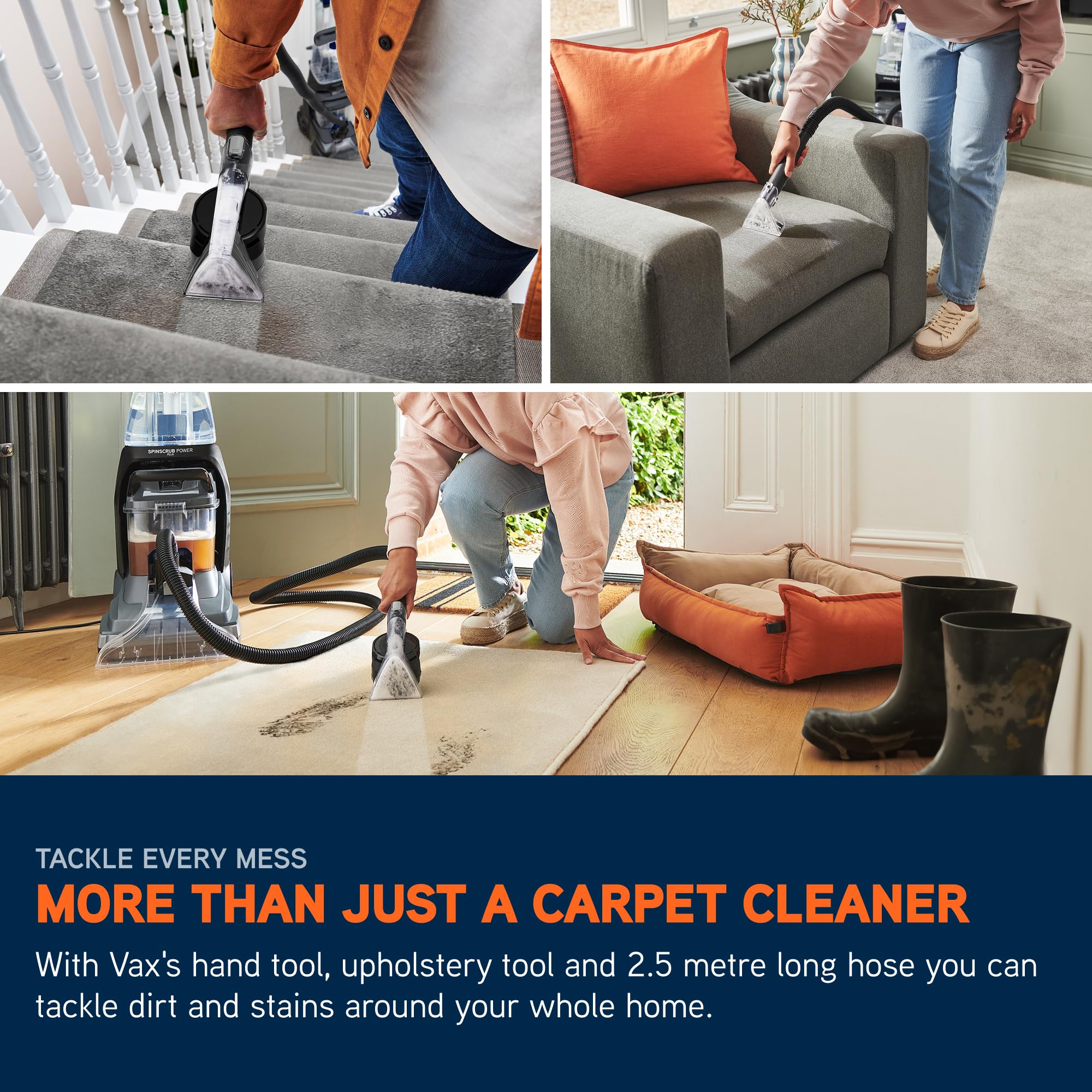 Vax SpinScrub Power Plus Carpet Cleaner Machine, Rug, Upholstery, Car, Stair Upright Shampooer Washer. Handheld Spot Cleaning, SpinScrub and Wash Tool, Solution, 1200W, Grey/Navy Blue, CDCW-SSXA