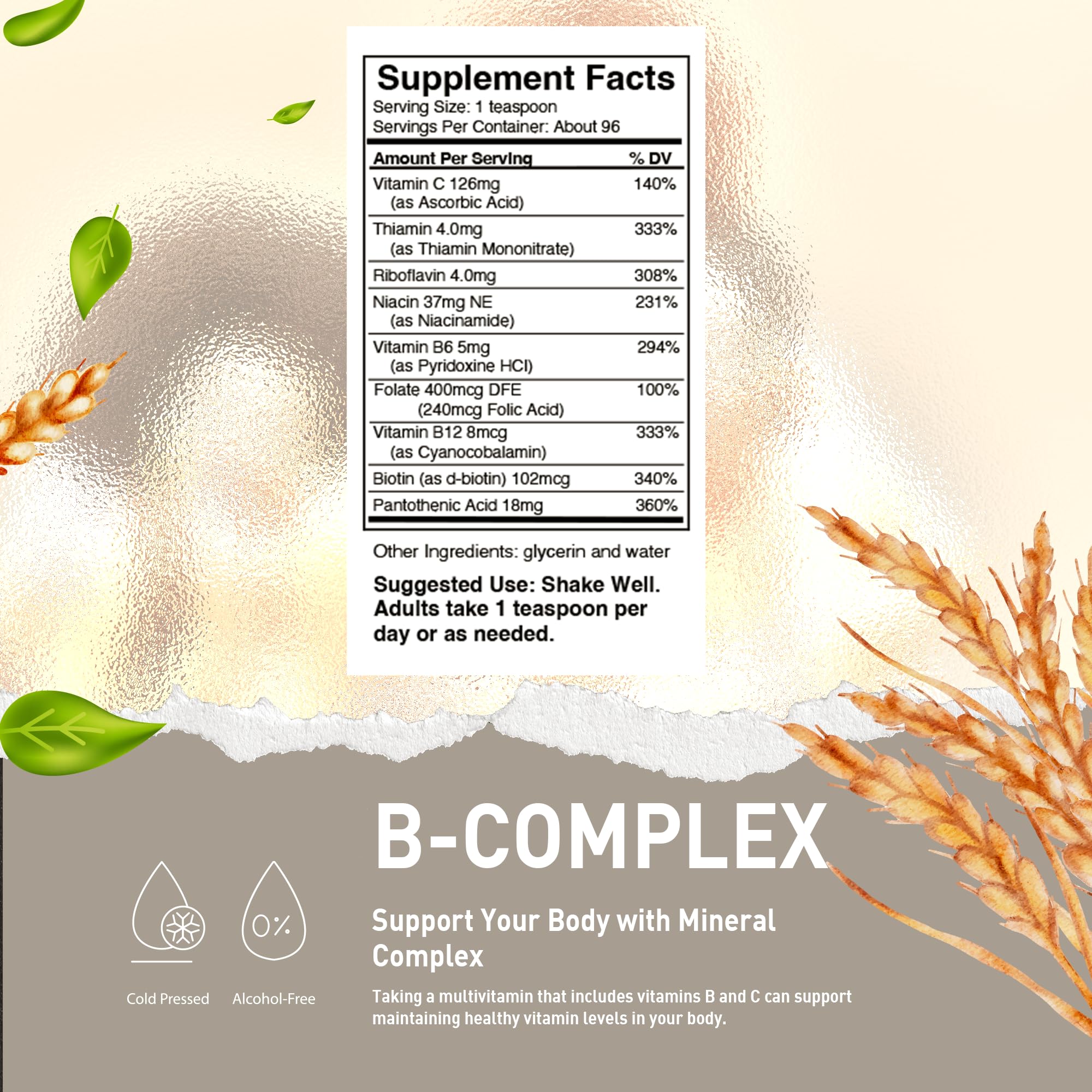 HoneyCombs Vitamin B Complex Drops – Liquid Supplement with Vitamin B1, B2, B3, B5, B6, B7, B9, B12 & Vitamin C – Super B Complex Vitamins – Alcohol-Free Liquid Vitamin Supplement, 16 Fl Oz.