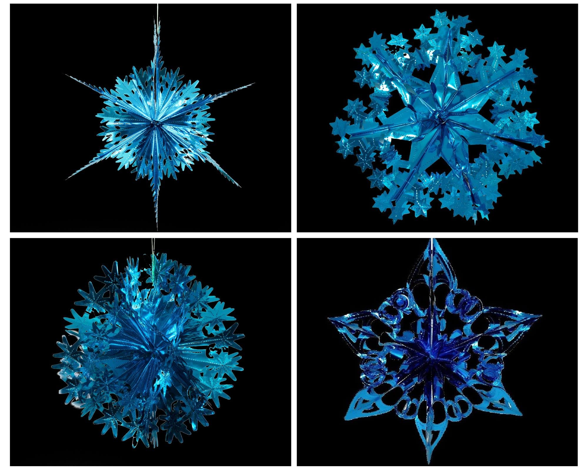 Simply Products Set of 4 40cm Christmas Foil Ceiling Garland Hanging Xmas Decoration, Long Star, Snowflake, Star Ball & Star (Turquoise)