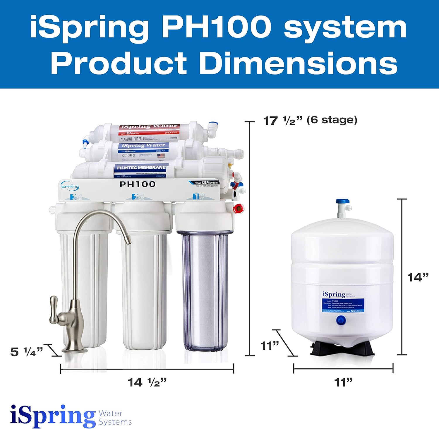 iSpring PH100 Top Quality 6-Stage Under Sink Reverse Osmosis RO Drinking Water Filtration System 100 GPD Fast Flow 1:1 Pure to Waste Ratio with Alkaline Remineralization, pH+, US Made Filters - - 