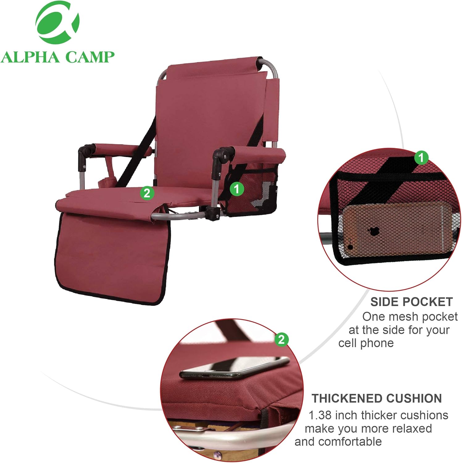 ALPHA CAMP Stadium Seat Padded Chair for Bleachers with Back& Arm Rest, Red : Sports & Outdoors