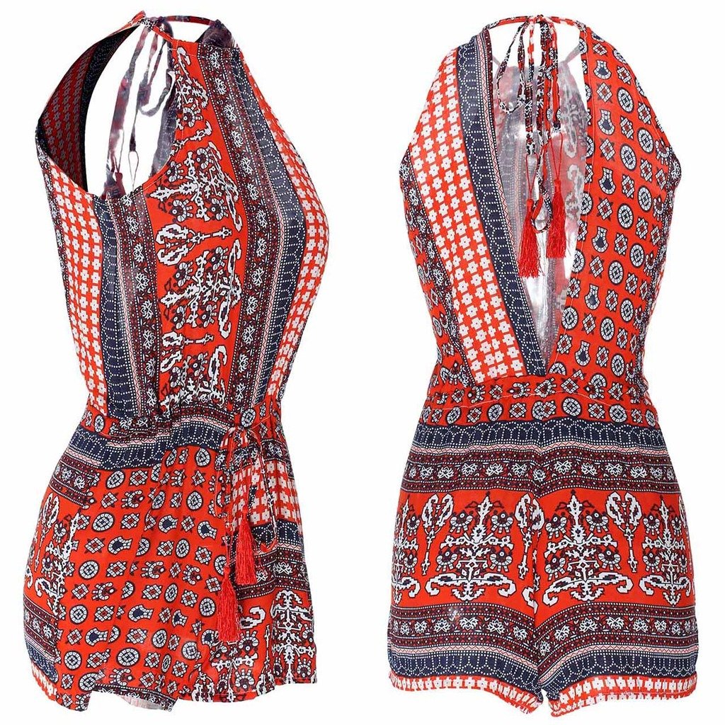 Ayliss Women\'s Sexy Cut out back Bohemian Casual Loose Romper Playsuit,Red M