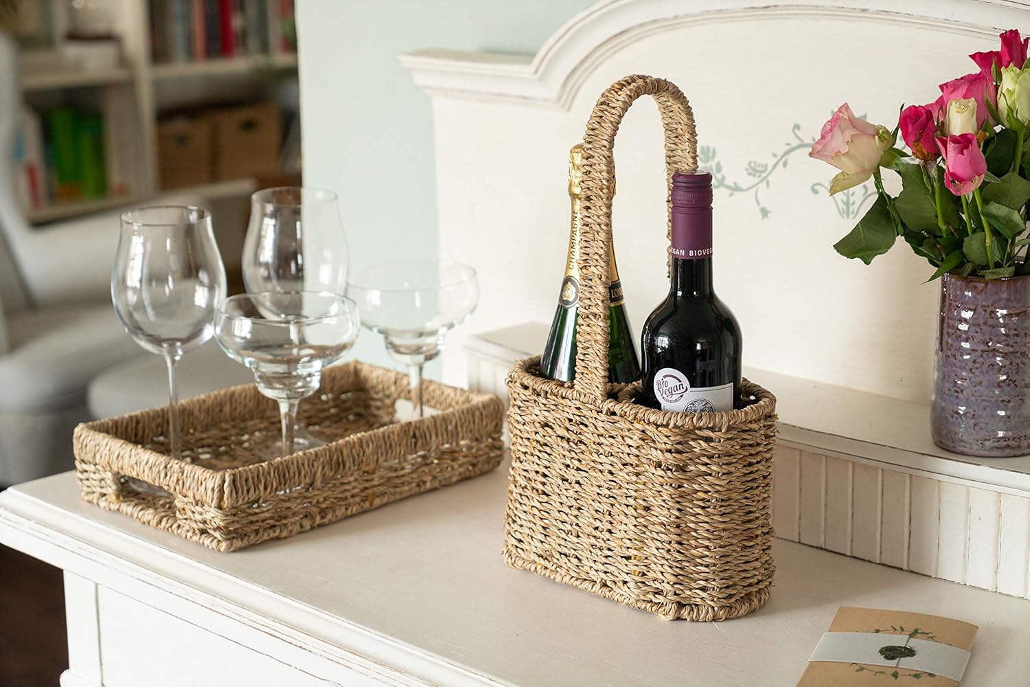 Decorasian Bottle Holder Basket Braided Seagrass Bottle Carrier for 2
