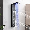DELAVIN LED Stainless Steel Shower Panel Tower System, Wall-Mount Shower Panel with Rainfall Waterfall Shower Head, Massage Body Jets, Tub Spout, Handheld Shower, Brushed Black