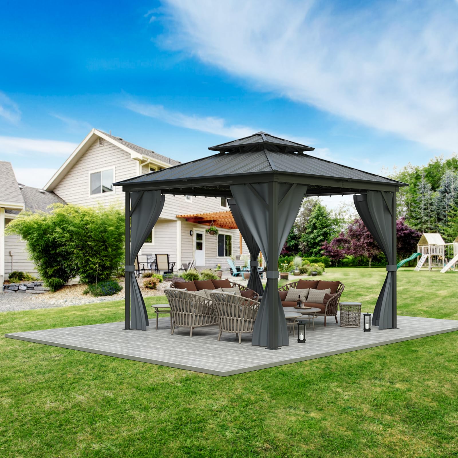 Photo 1 of ***INCOMPLETE SET FOR PARTS ONLY**** LOOKS LIOKE SLATS ONLY**** GAOMON 12'*12'Hardtop Gazebo - Outdoor Metal Pavilion with Galvanized Steel and Aluminum Frame, Double Roof Canopy with Netting and Curtains - Ideal for Patio, Backyard, Deck, and Lawns(Gray)