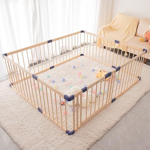 Baby Wooden Playpen, 59 x 71 Inches Solid Wood Playpen, Baby Fence
