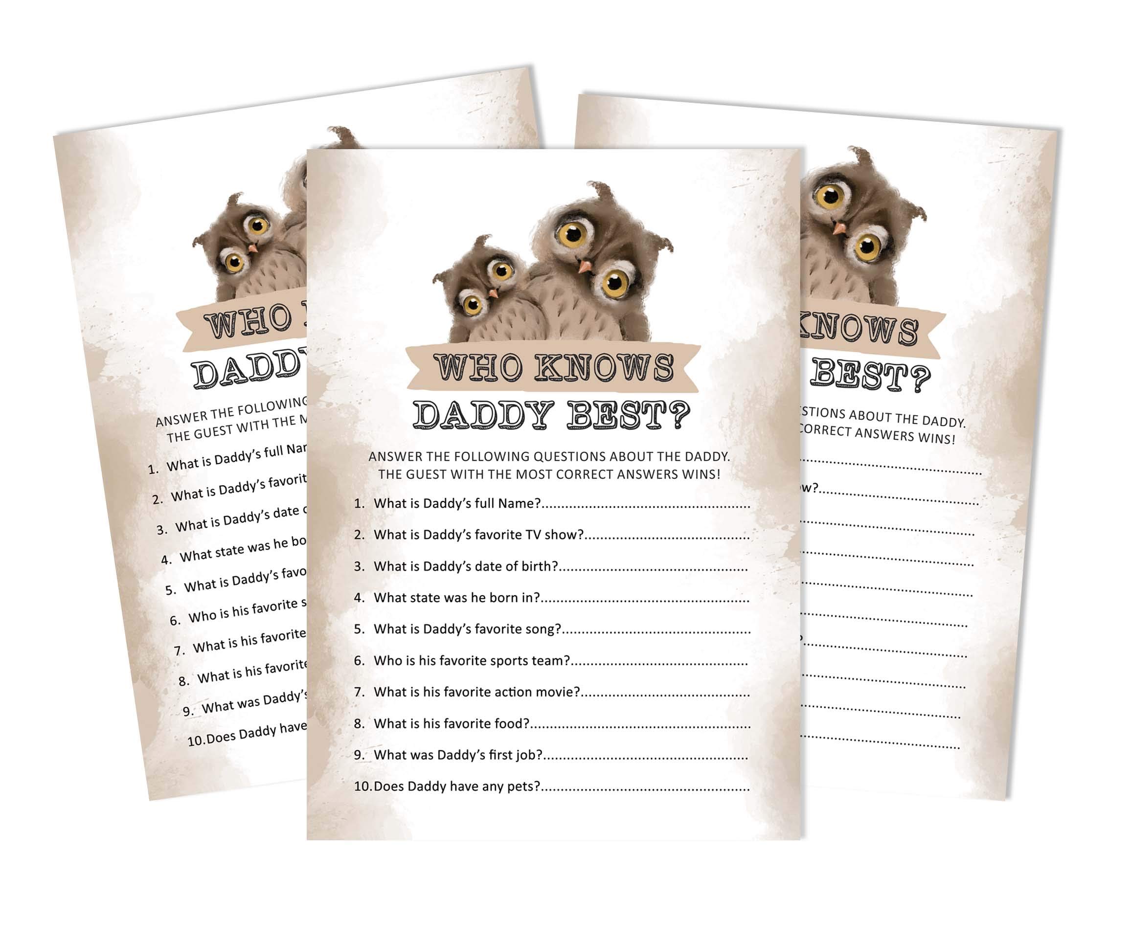 Inkdotpot Owl Bird Who Knows Daddy Best Baby Shower Game Cards Fun Activity Cards Set Of 50 Party Theme — image 1
