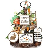 Jetec 12 Pcs Easter Tiered Tray Decor Wooden Carrot Patch Bunny Egg Tiered Tray Items Happy Easter Signs for Spring Home Farmhouse Rustic Kitchen Decorations (Wooden Bunny)