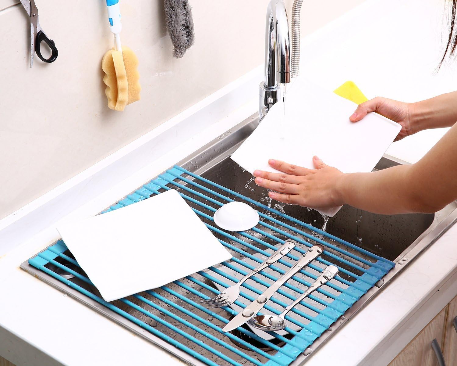 ULWHome Silicone Over Stainless Steel Multipurpose Roll-Up Dish Drying Rack - Blue