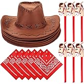 Leumoi 18 Pcs Kids Cowboy Hats with Bandana and Inflatable Stick Horse Set Include 6 Cowgirl Hat 6 Bandana 6 Stick Horse(Brown, Red)