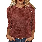 XMTOPYE Womens Sweaters Fall Fashion 3/4 Length Sleeve Tops Crew Neck Button Shirts Casual Pullover Cute Winter Clothes