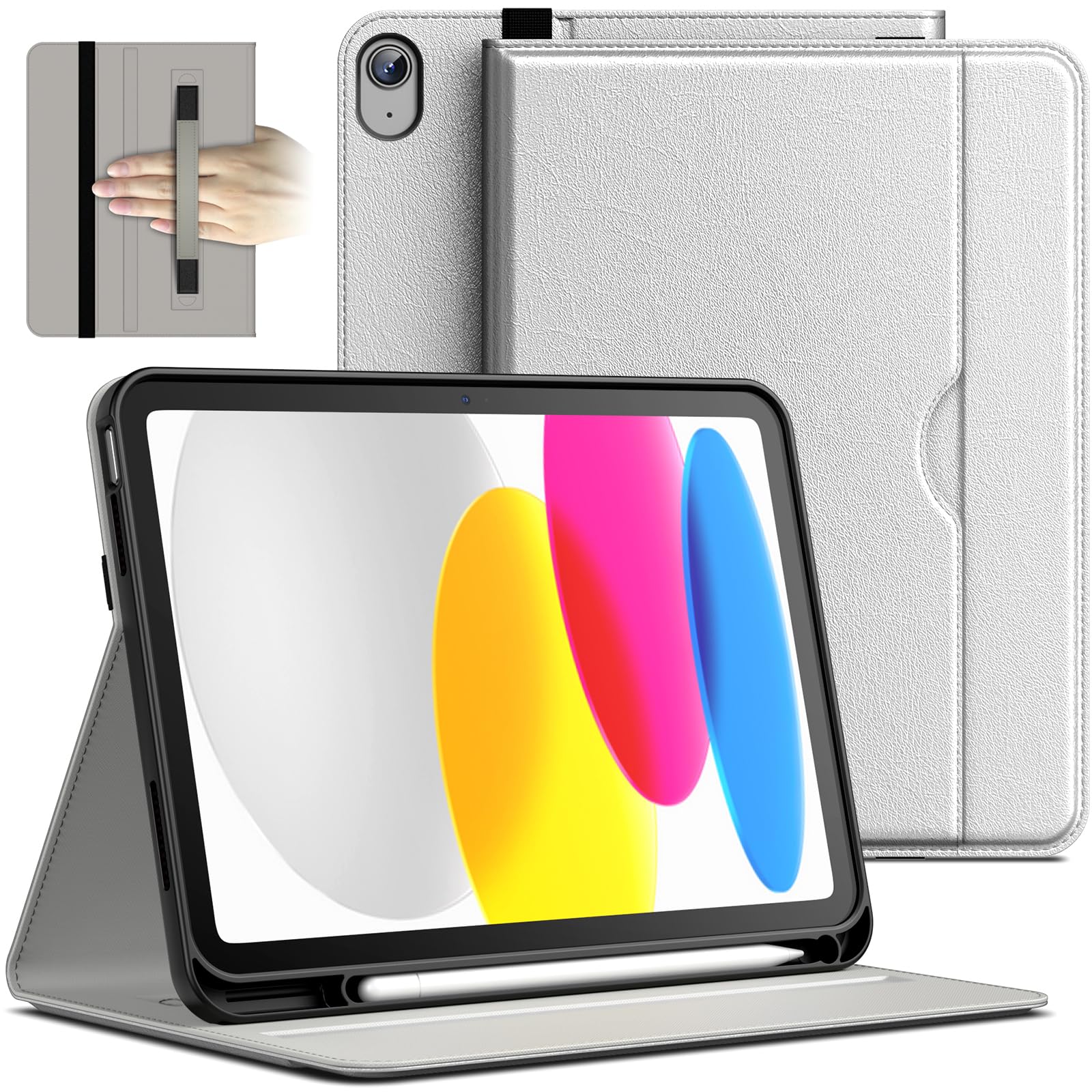 JETech Case for iPad (A16) 11th/10th Generation (2025/2022), PU Leather Business Folio Protective Tablet Cover with Pencil Holder & Pocket, Multi-Angle Viewing (Silver)