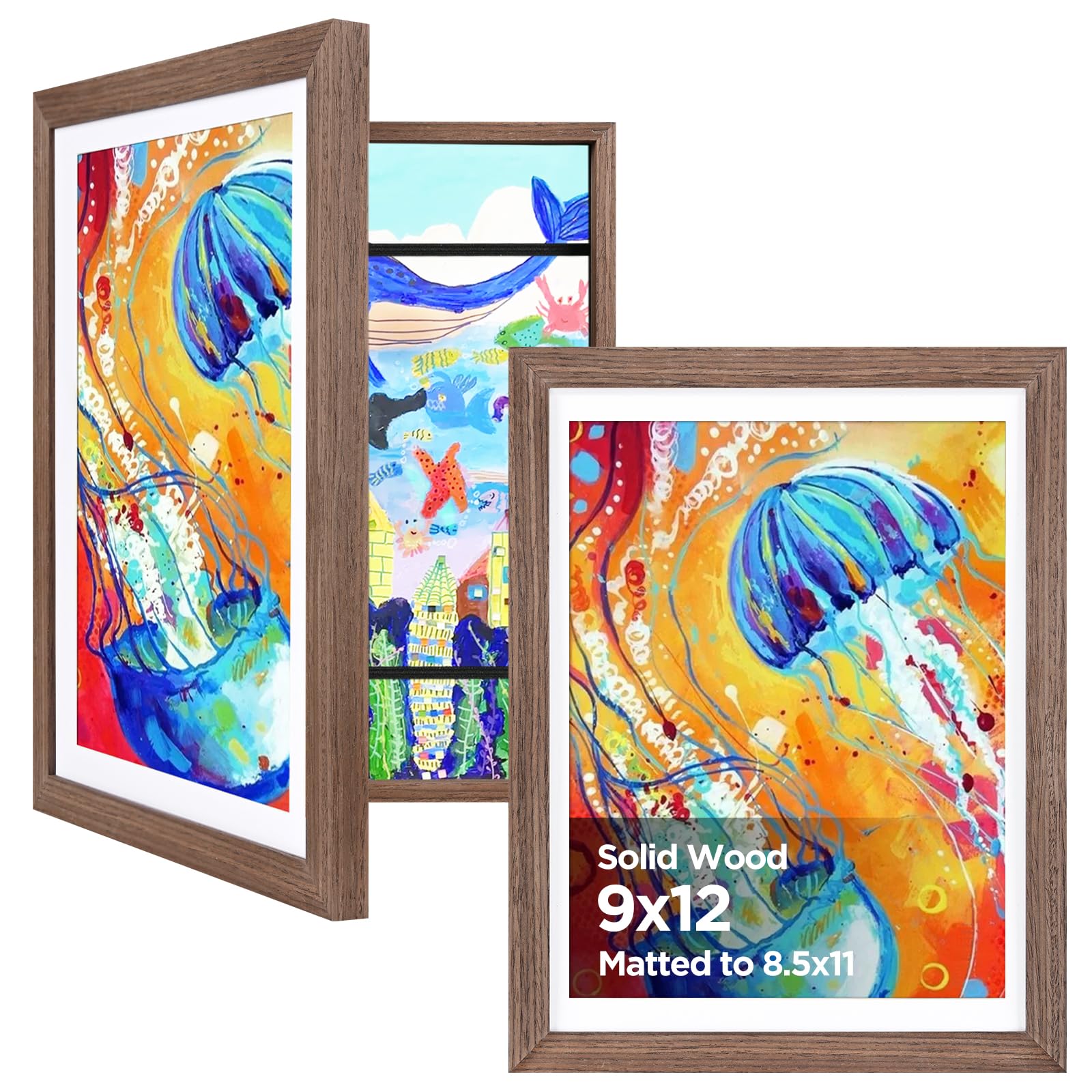 Photo 1 of KINLINK 9x12 Kids Art Frame Set of 2, Solid Wood Kids Artwork Frames Changeable with Front Opening Hold 150 Pictures, Art Frames for Kids Art with Mat?without Mat 9x12 Picture Frame Brown Wood