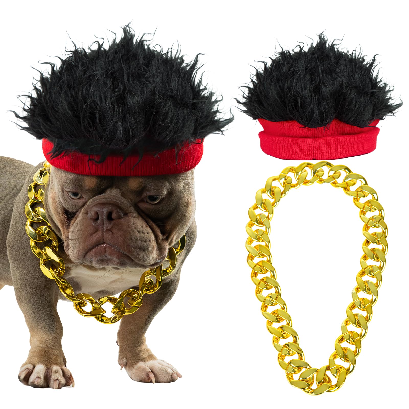 Photo 1 of Wodison Dog Costume Set Hip Hop Wig Cap and Gold Dog Chain Collar Adjustable Dog Costumes Cool Cosplay Accessories for Medium to Large Pet Birthday Holiday Party Daily Life(Black Red, No Diamond)