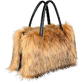 Aurornim Women's Faux Fur Crossbody Tote Purse, Black Leather Handle Fluffy Fashion Shoulder Handbag