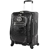 Kathy Van Zeeland Croco PVC Designer Luggage - Lightweight Expandable 20 Inch Carry on Suitcase for Women - Small Durable Bag with 4-Rolling Spinner Wheels (Black)