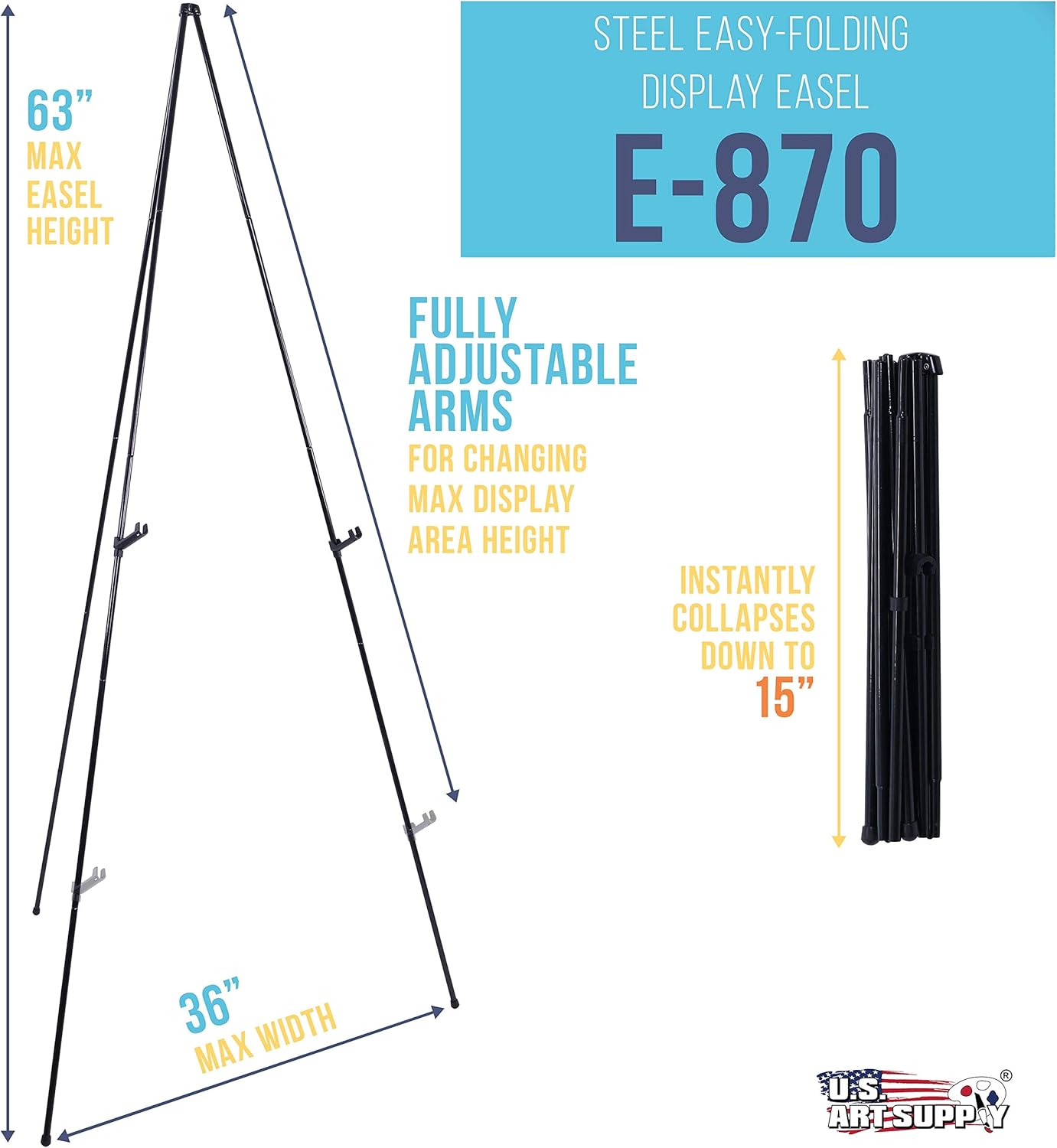 U.S. Art Supply 63" High Steel Easy Folding Display Easel - Quick Set-Up, Instantly Collapses, Adjustable Height Display Holders - Portable Tripod Stand, Presentations, Signs, Posters, Holds 5 lbs