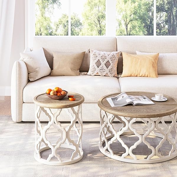 KARLOTT FARMHOUSE END TABLE, 18.5” FRENCH COUNTRY ROUND SIDE TABLE, DISTRESSED TRAY TOP SIDE TABLE WITH CURVED MOTIF FRAME BASE FOR BOHO, END TABLES LIVING ROOM, BEDROOM, SMALL SPACE, EASY ASSEMBLY