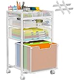Rolling File Cart with 3 Storage Drawers, Under Desk Filing Cabinet with DIY Divider, Hanging File Folder Organizer on Wheels, Fits A4/Letter Size, Metal Utility Cart for Home Office, White
